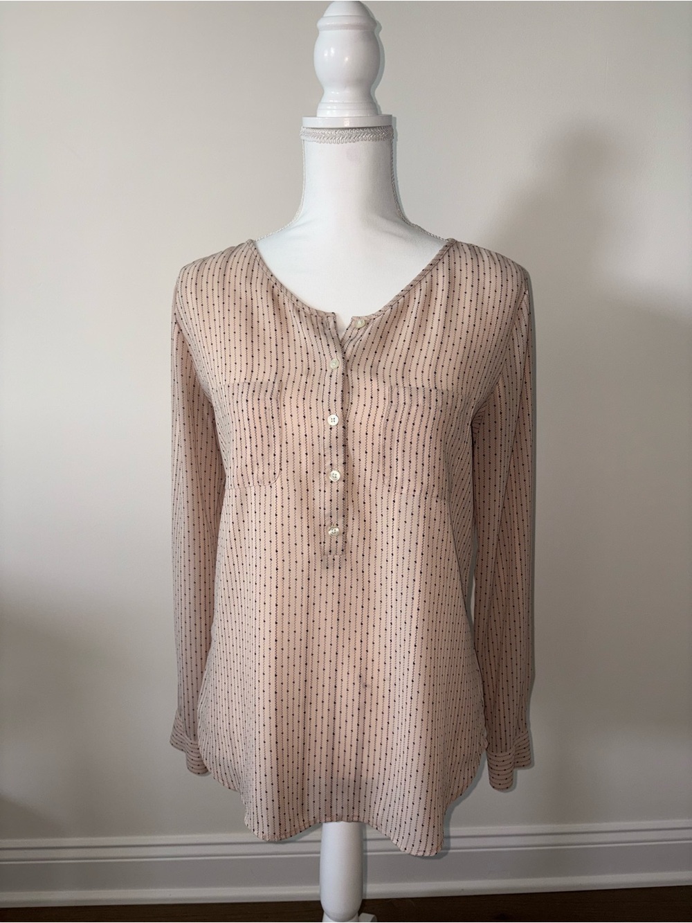 Ann Taylor Beige Dot-Striped Long-Sleeve Henley Blouse